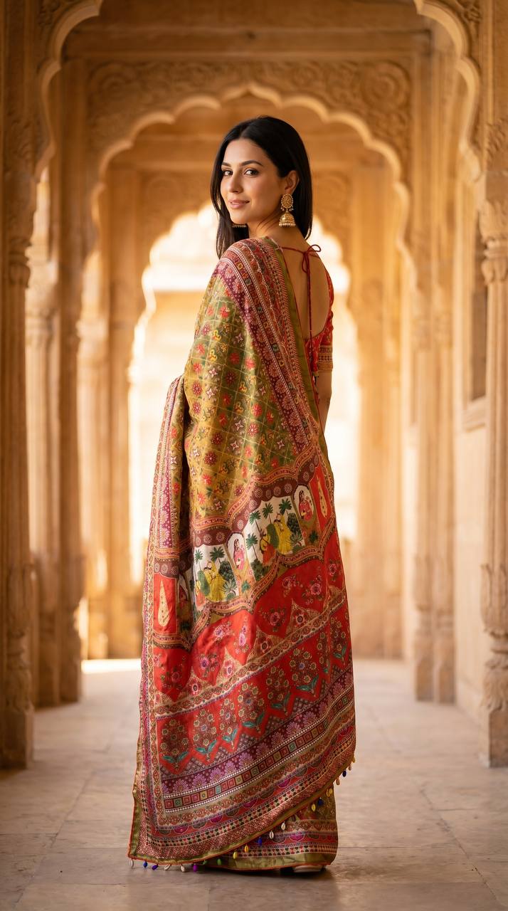 Women s olive green soft satin floral print saree with designer ethnic pallu multicolor latkan tassels