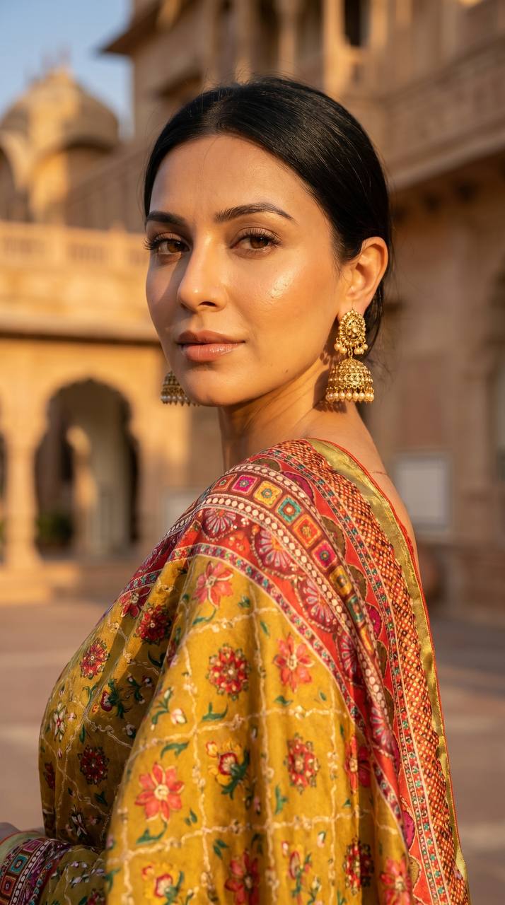 Women s olive green soft satin floral print saree with designer ethnic pallu multicolor latkan tassels