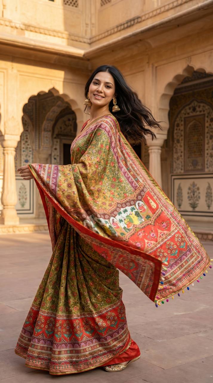 Women s olive green soft satin floral print saree with designer ethnic pallu multicolor latkan tassels