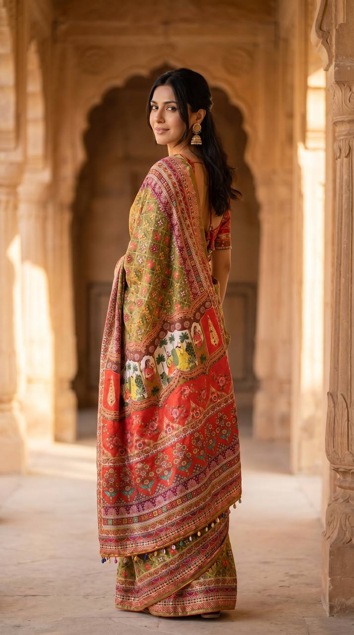 Women s olive green soft satin floral print saree with designer ethnic pallu multicolor latkan tassels