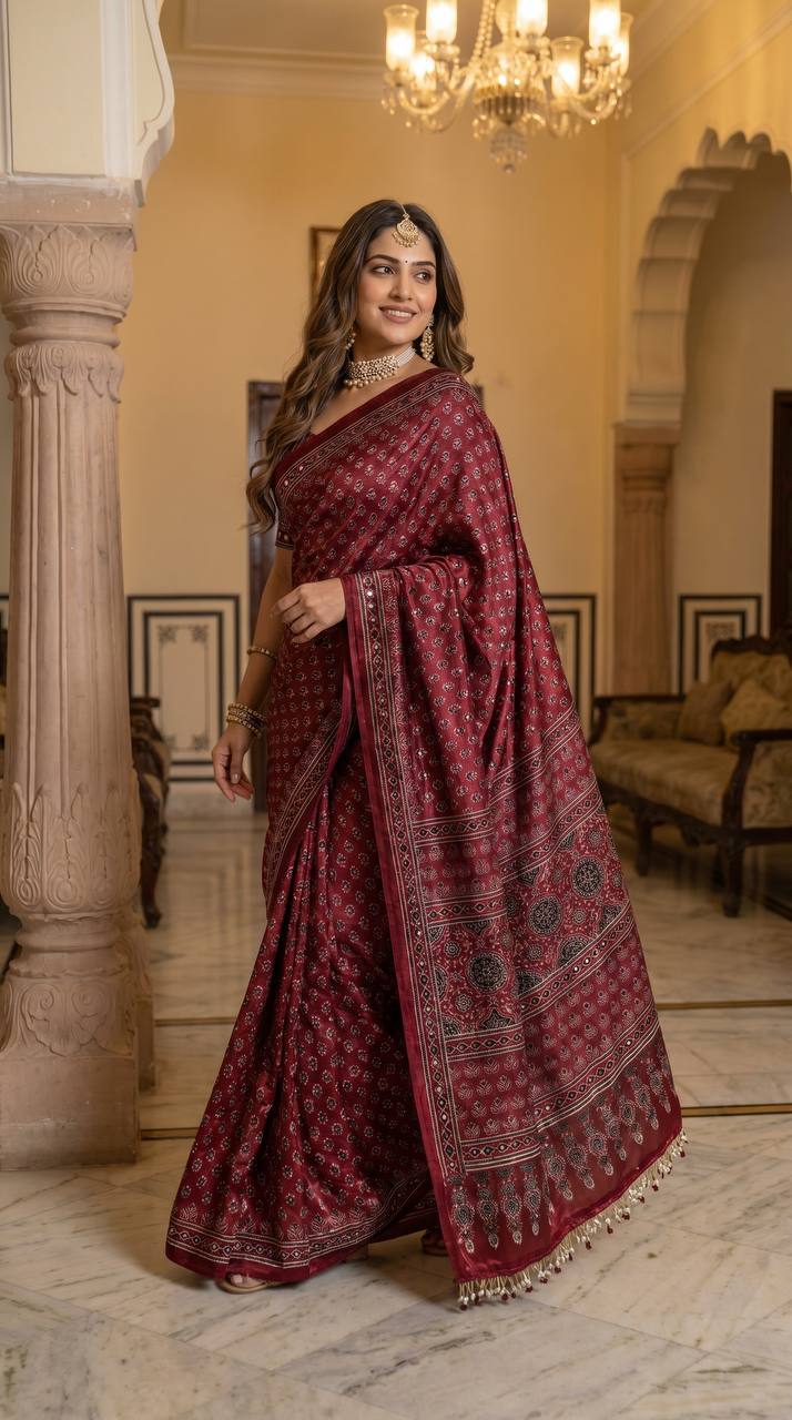 Wine ajrakh print satin saree with mirror work