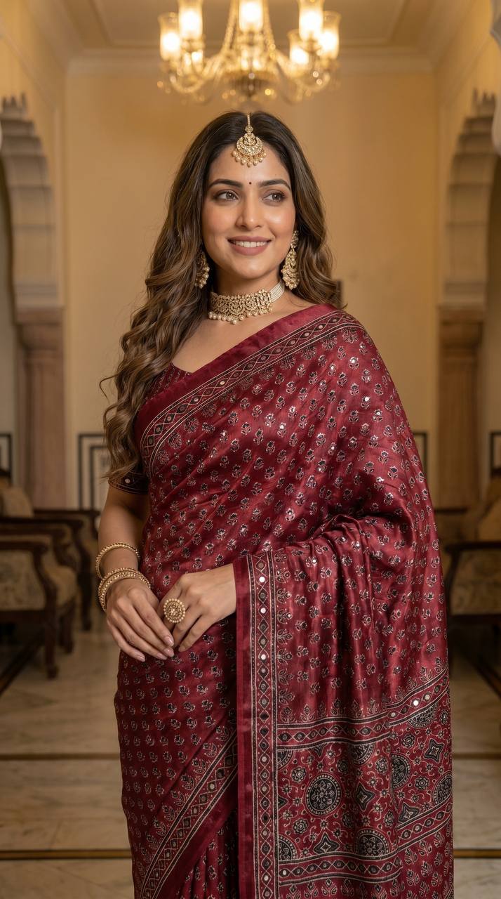 Wine ajrakh print satin saree with mirror work