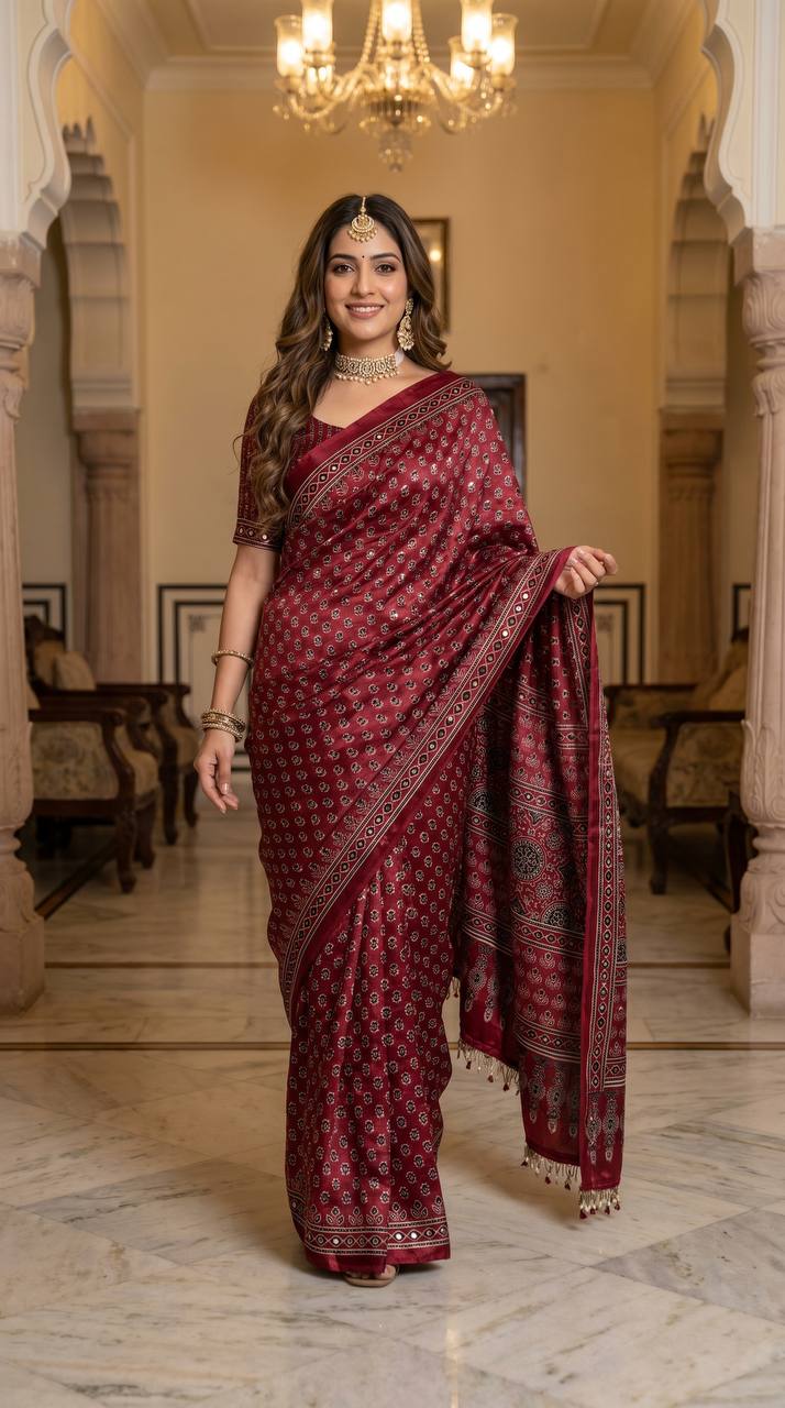 Wine ajrakh print satin saree with mirror work mameraa