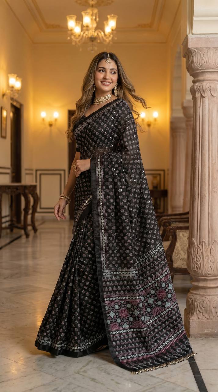 Black ajrakh print satin saree with mirror work