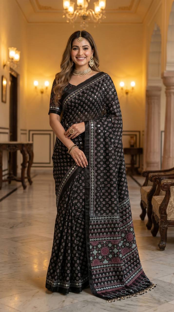 Black ajrakh print satin saree with mirror work mameraa