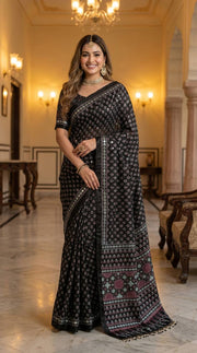 Black ajrakh print satin saree with mirror work mameraa