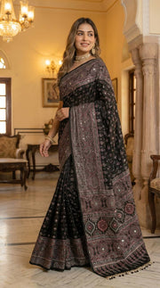 Black ajrakh print satin saree with mirror work