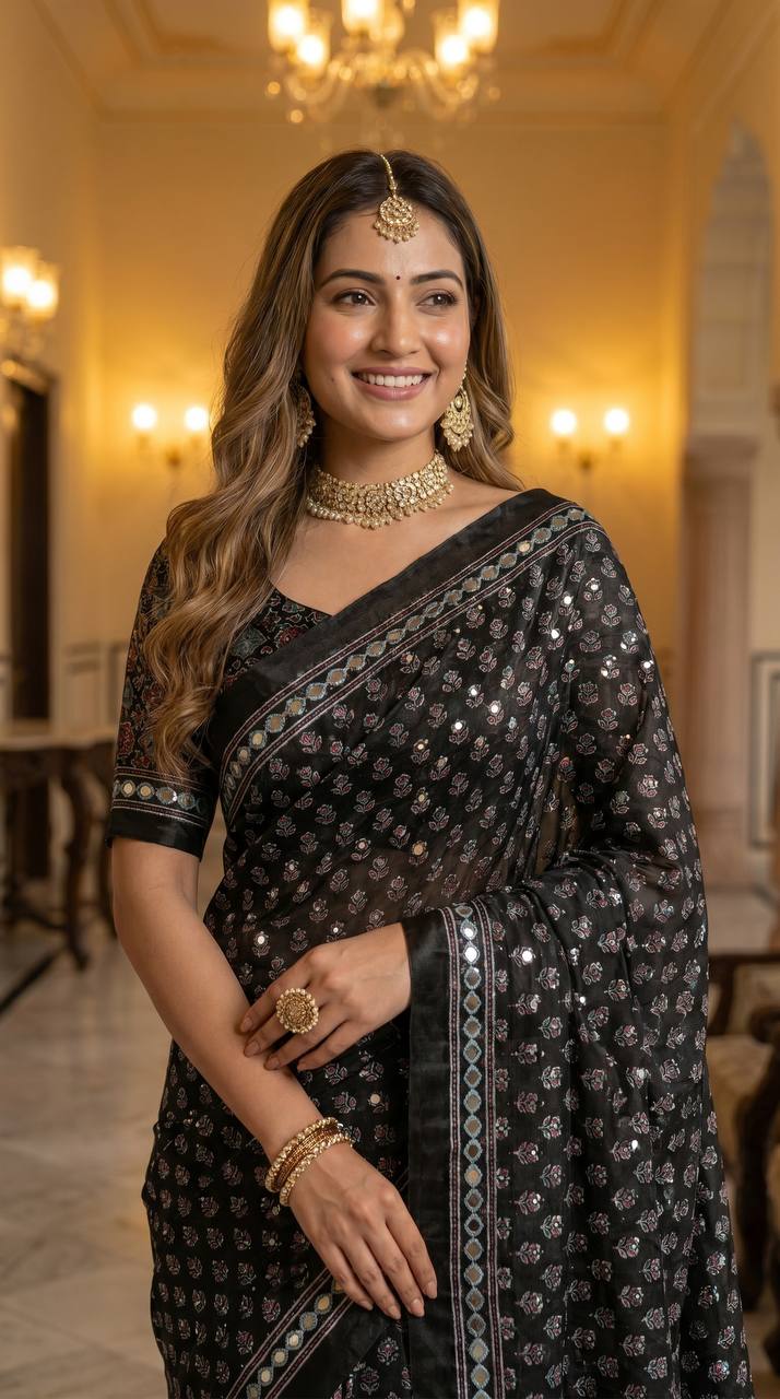 Black ajrakh print satin saree with mirror work