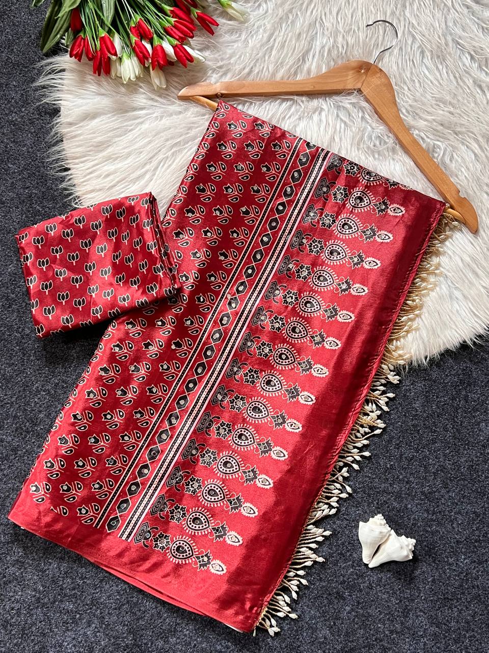 Wine ajrakh print satin saree with mirror work