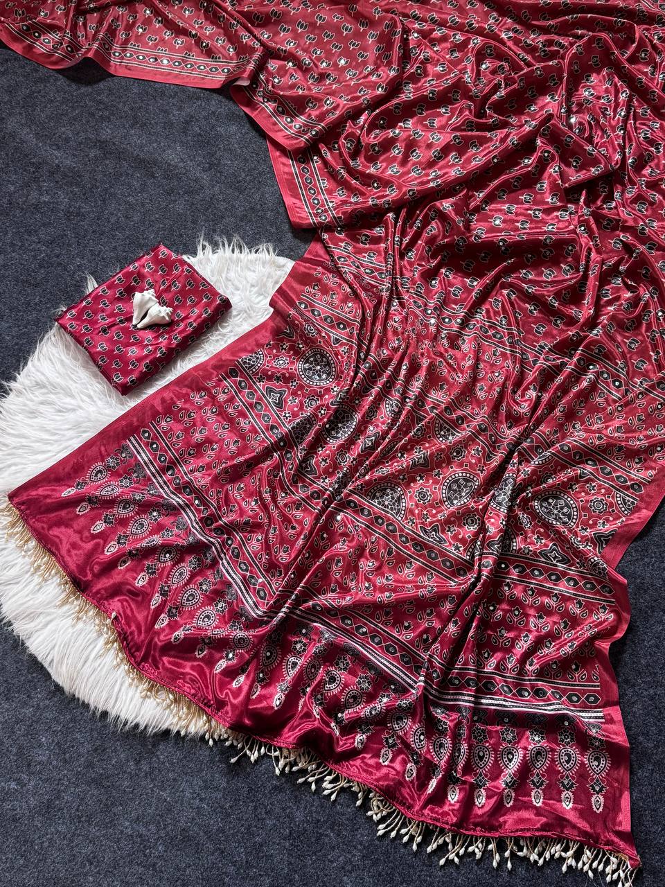 Wine ajrakh print satin saree with mirror work