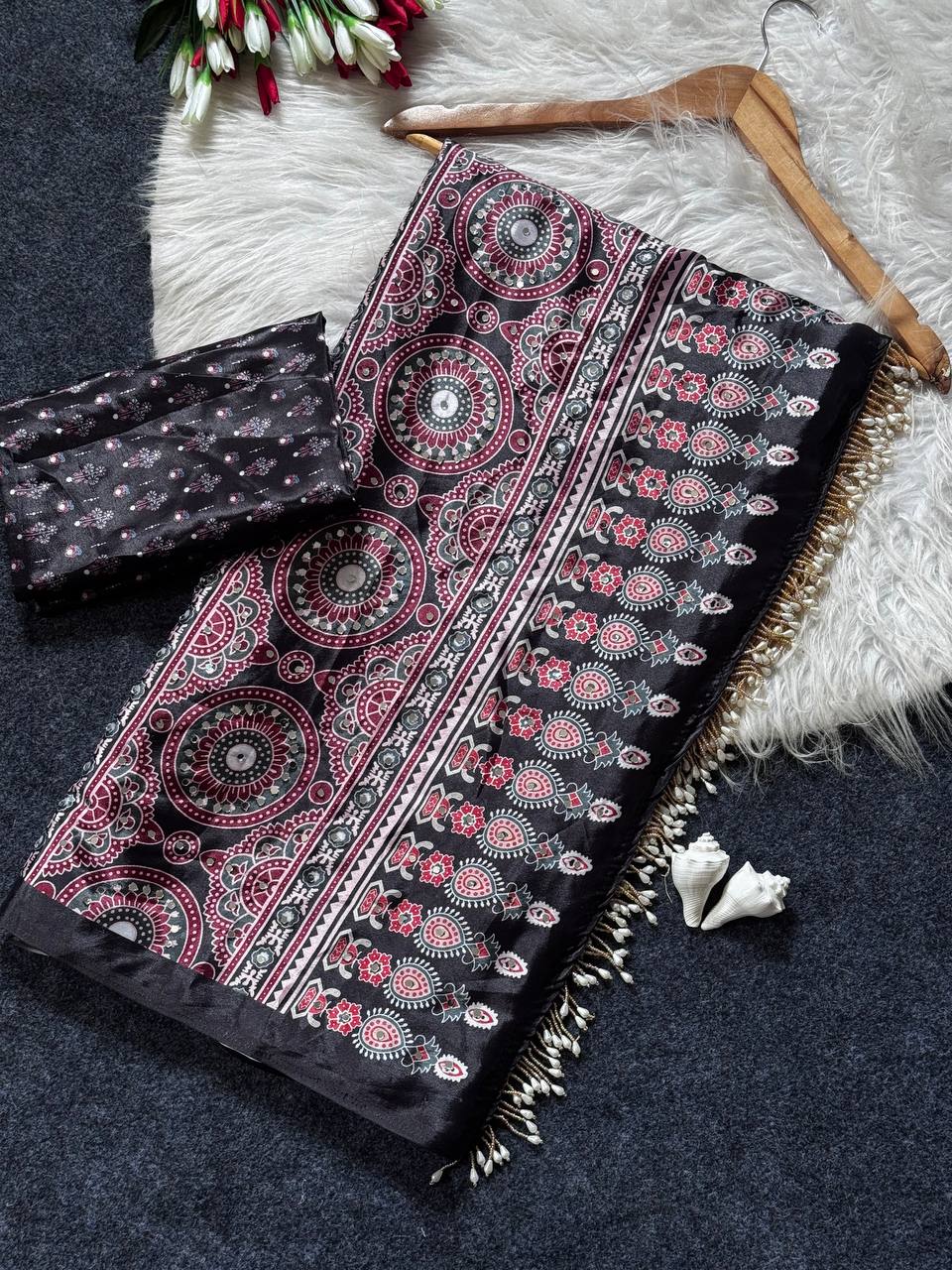 Black ajrakh print satin saree with mirror work