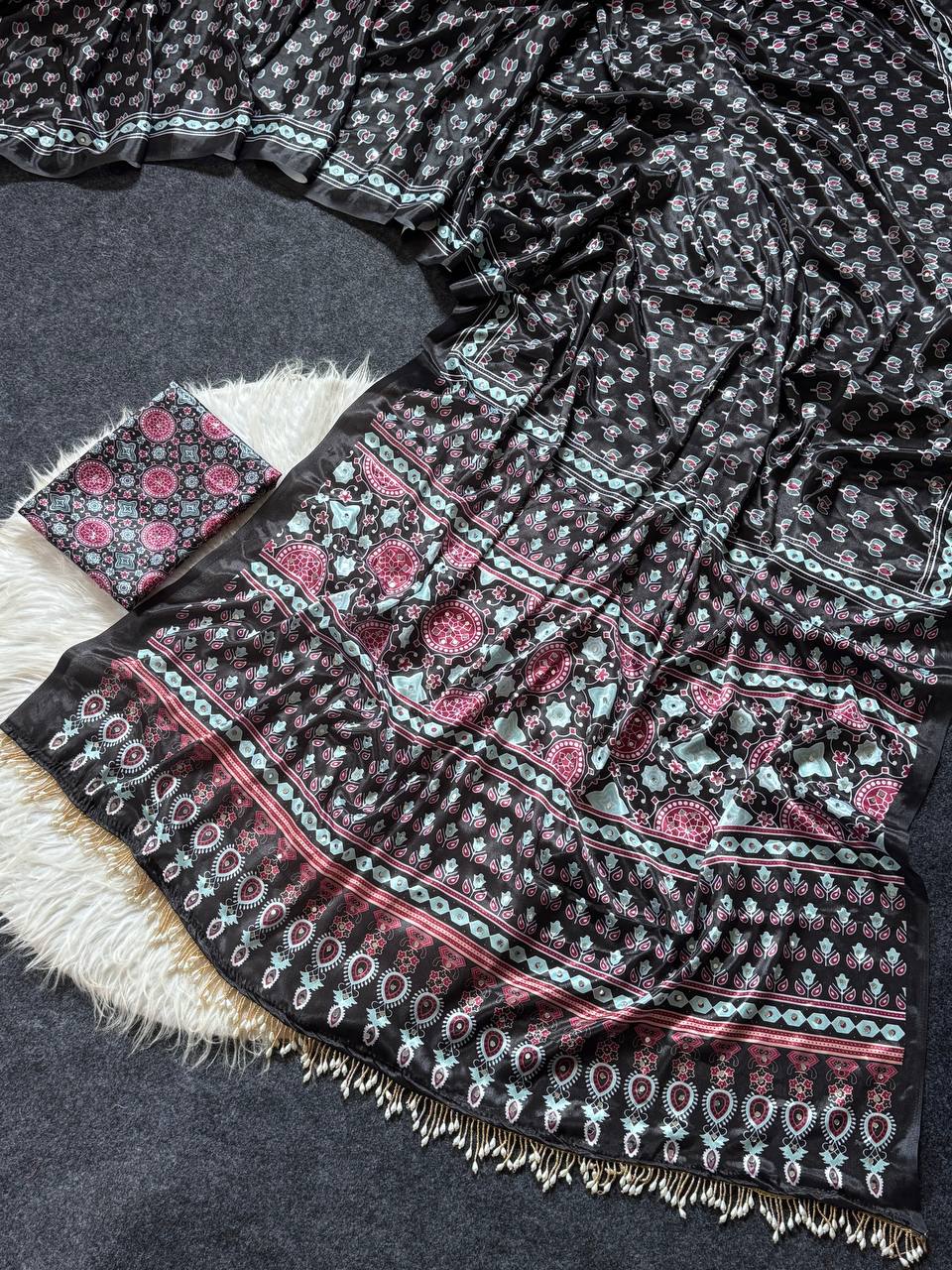 Black ajrakh print satin saree with mirror work