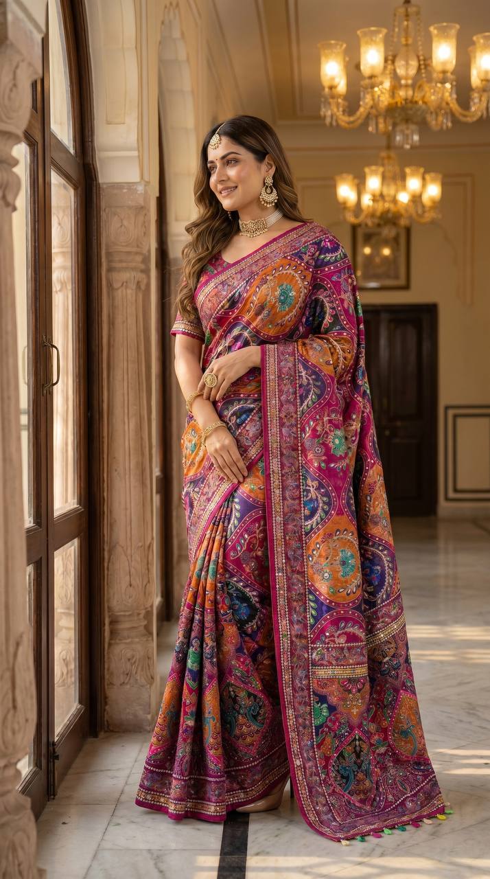 Women s multicolor soft satin digital print saree with ethnic paisley design fancy latkan pallu