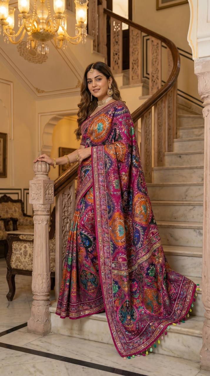 Women s multicolor soft satin digital print saree with ethnic paisley design fancy latkan pallu
