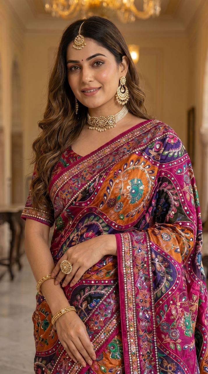 Women s multicolor soft satin digital print saree with ethnic paisley design fancy latkan pallu