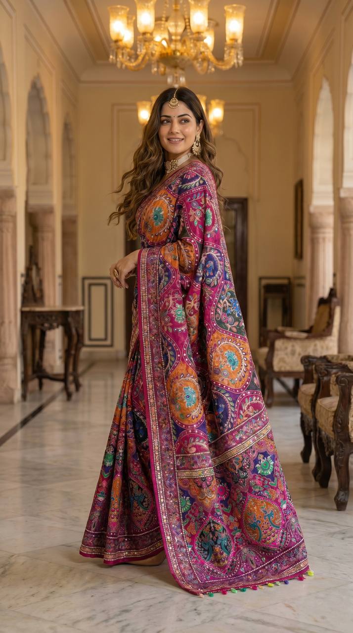 Women s multicolor soft satin digital print saree with ethnic paisley design fancy latkan pallu