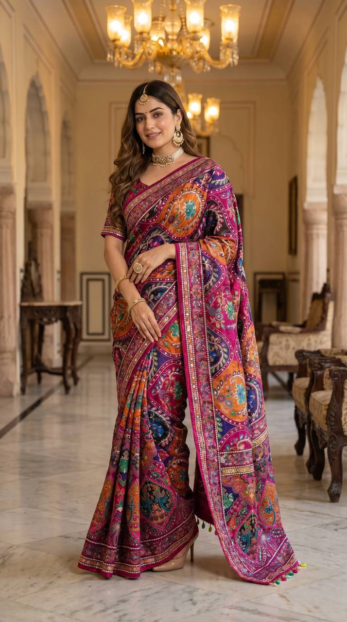 Women s multicolor soft satin digital print saree with ethnic paisley design fancy latkan pallu mameraa