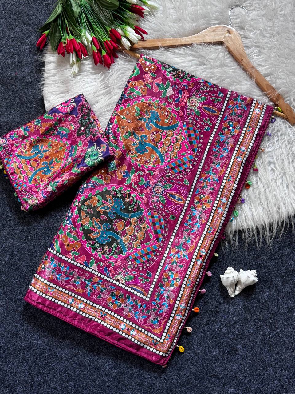 Women s multicolor soft satin digital print saree with ethnic paisley design fancy latkan pallu