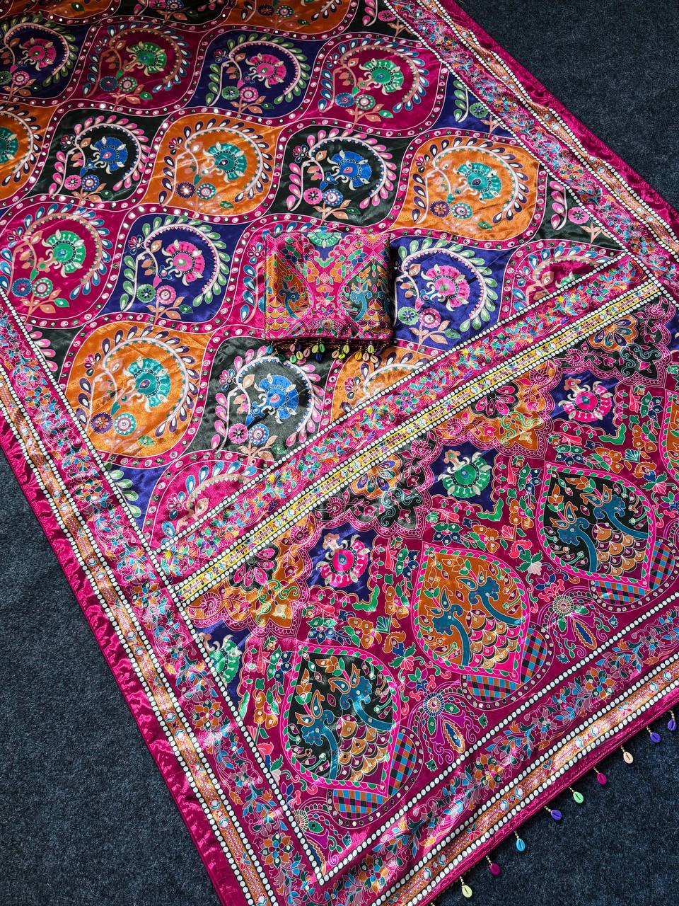 Women s multicolor soft satin digital print saree with ethnic paisley design fancy latkan pallu