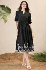 Women Black Embroidered Midi Dress