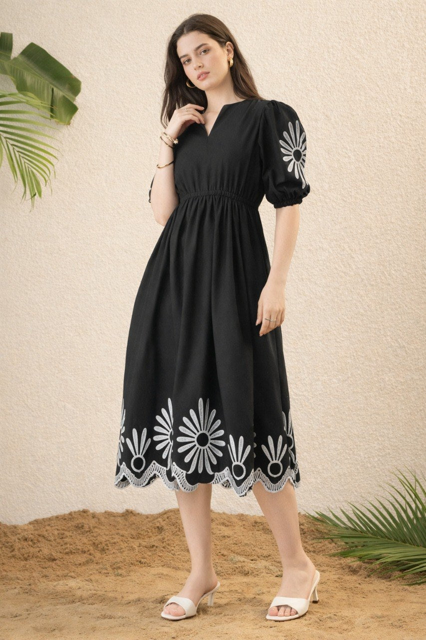 Women Black Embroidered Midi Dress