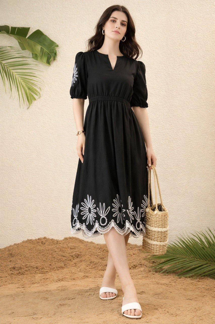 Women Black Embroidered Midi Dress