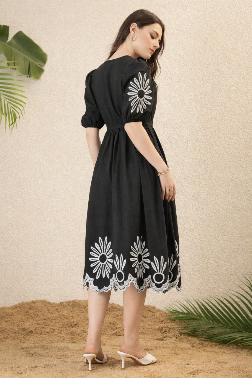 Women Black Embroidered Midi Dress