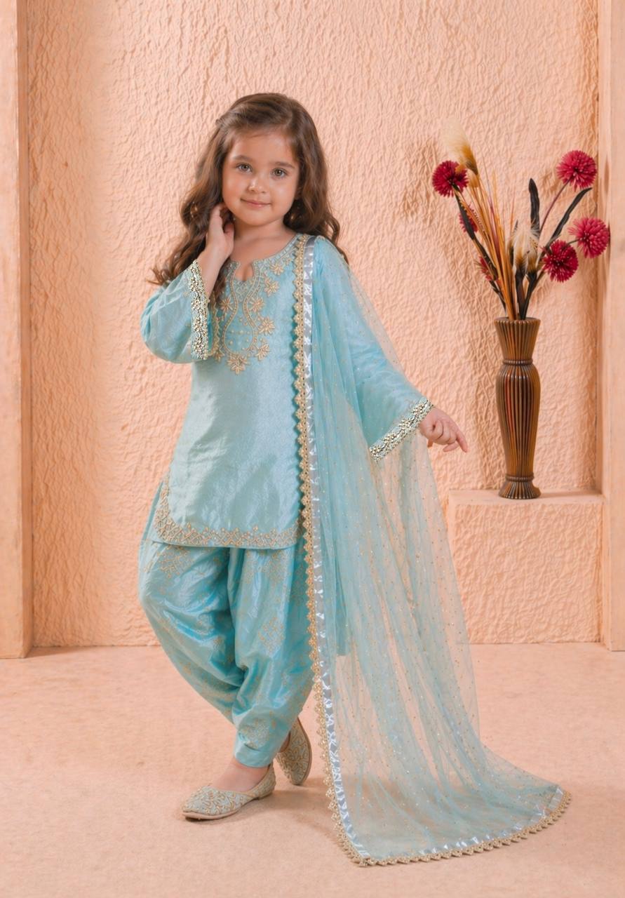 Girls Sky Blue Embroidered Kurta Patiala Set with Dupatta