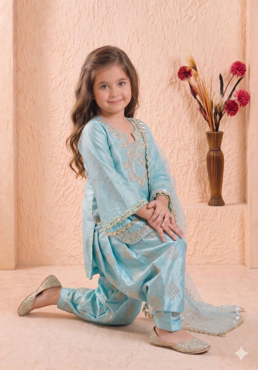 Girls Sky Blue Embroidered Kurta Patiala Set with Dupatta