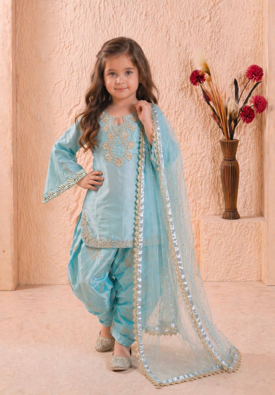Girls Sky Blue Embroidered Kurta Patiala Set with Dupatta