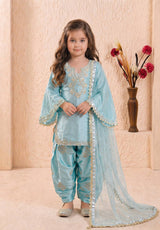 Girls Sky Blue Embroidered Kurta Patiala Set with Dupatta