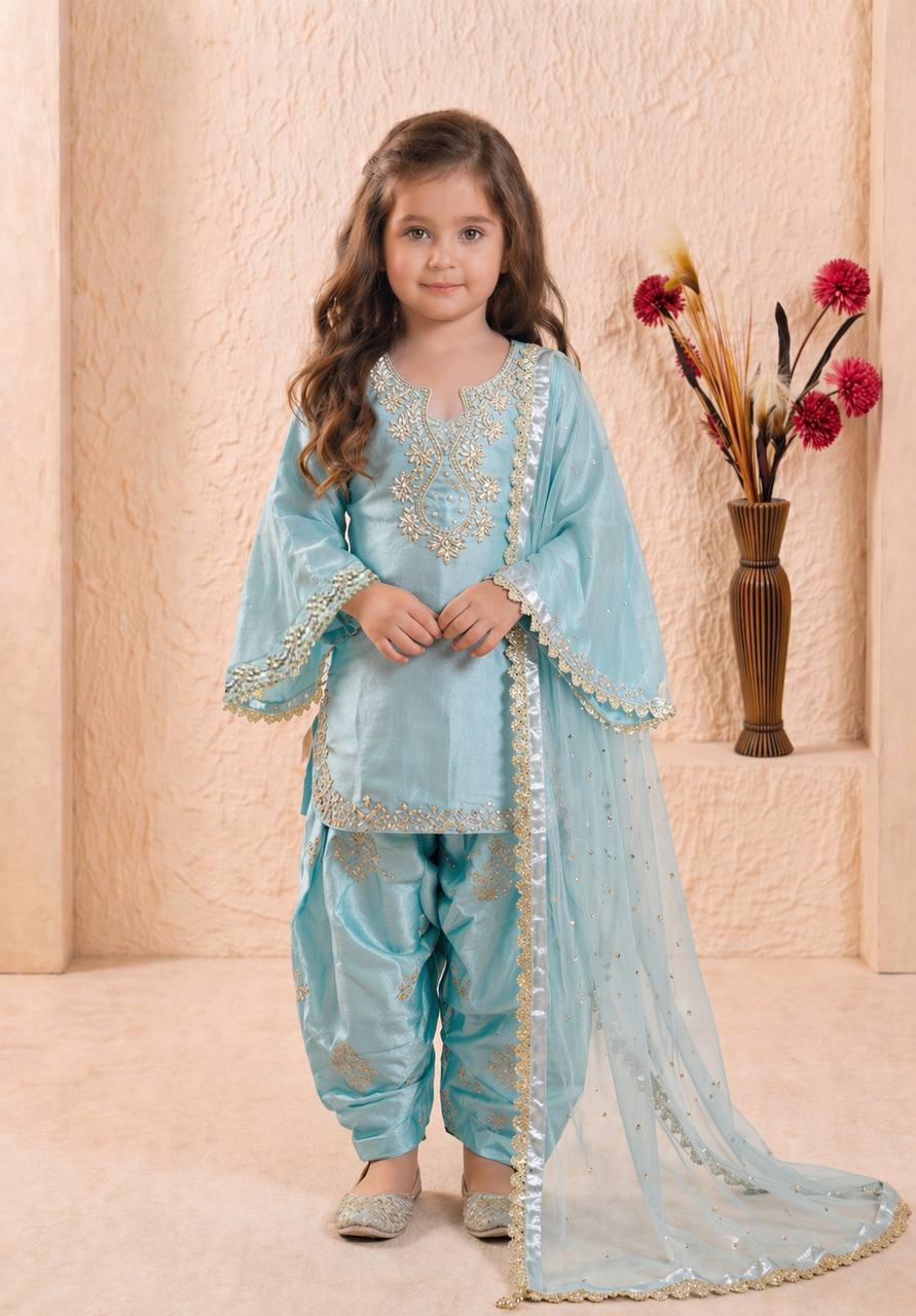 Girls Sky Blue Embroidered Kurta Patiala Set with Dupatta