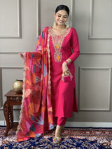 Women Pink Embroidered Kurta Set with Printed Dupatta