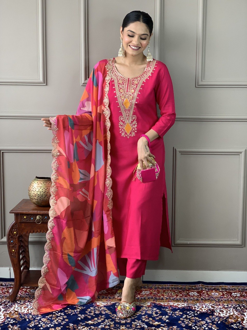 Women Pink Embroidered Kurta Set with Printed Dupatta