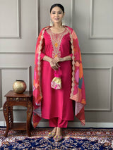 Women Pink Embroidered Kurta Set with Printed Dupatta