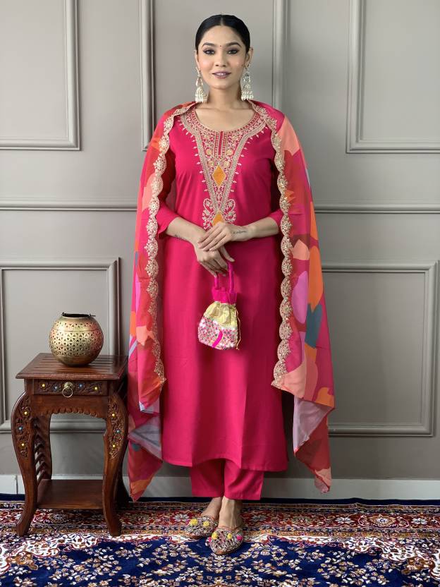 Women Pink Embroidered Kurta Set with Printed Dupatta