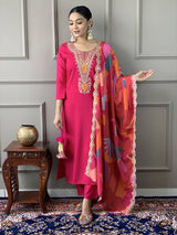 Women Pink Embroidered Kurta Set with Printed Dupatta
