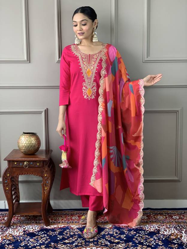 Women Pink Embroidered Kurta Set with Printed Dupatta