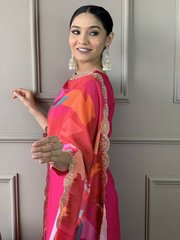 Women Pink Embroidered Kurta Set with Printed Dupatta