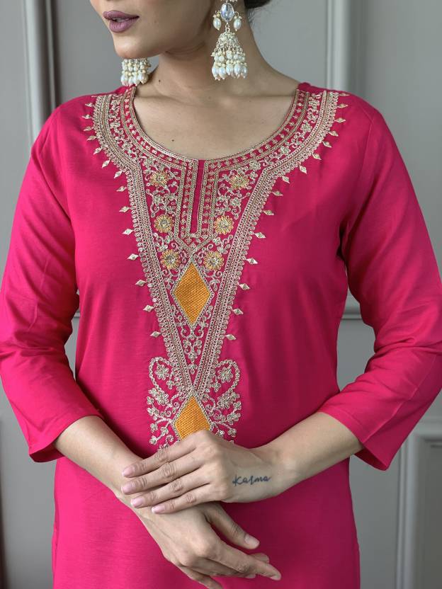 Women Pink Embroidered Kurta Set with Printed Dupatta