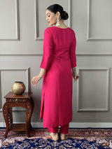 Women Pink Embroidered Kurta Set with Printed Dupatta