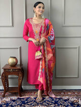 Women Pink Embroidered Kurta Set with Printed Dupatta