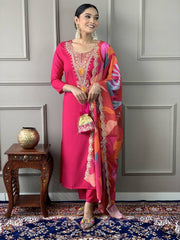 Women Pink Embroidered Kurta Set with Printed Dupatta