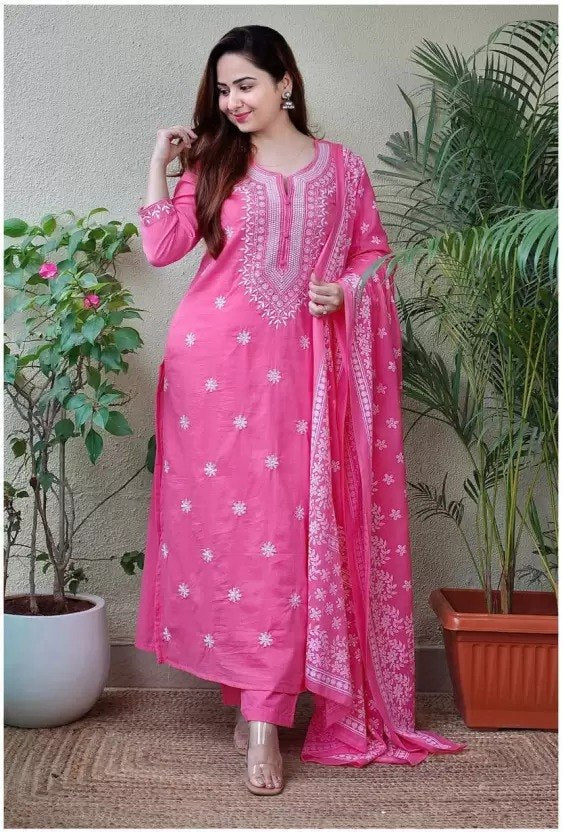 Women Bright Pink Embroidered Kurta Set with Dupatta
