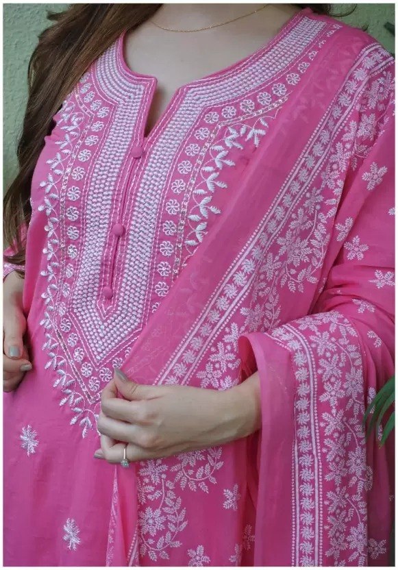 Women Bright Pink Embroidered Kurta Set with Dupatta