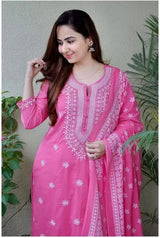 Women Bright Pink Embroidered Kurta Set with Dupatta