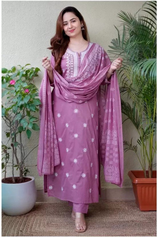 Women Rose Pink Embroidered Kurta Set with Dupatta