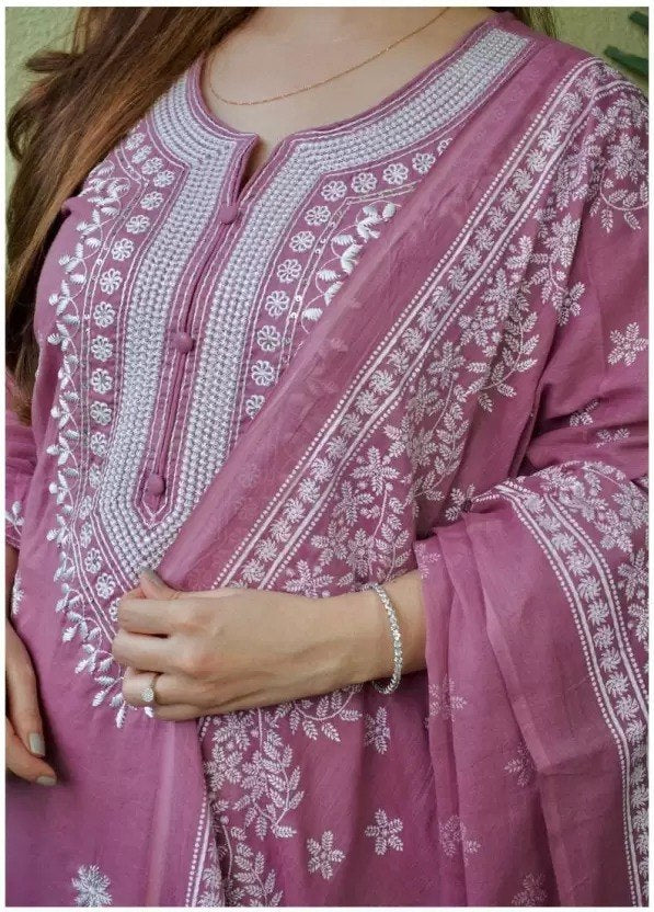 Women Rose Pink Embroidered Kurta Set with Dupatta