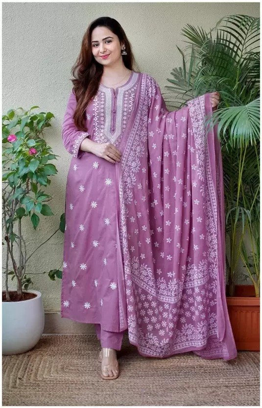 Women Rose Pink Embroidered Kurta Set with Dupatta