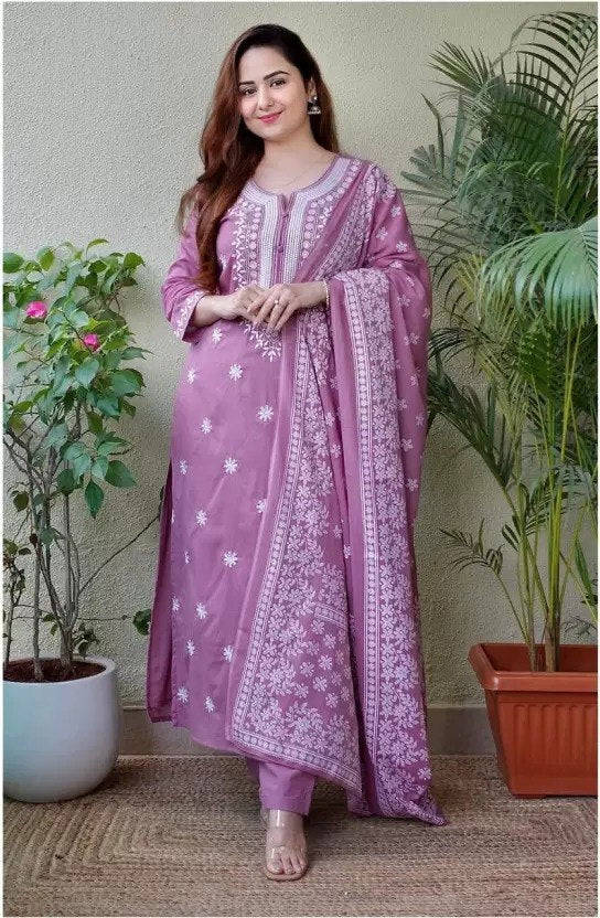 Women Rose Pink Embroidered Kurta Set with Dupatta